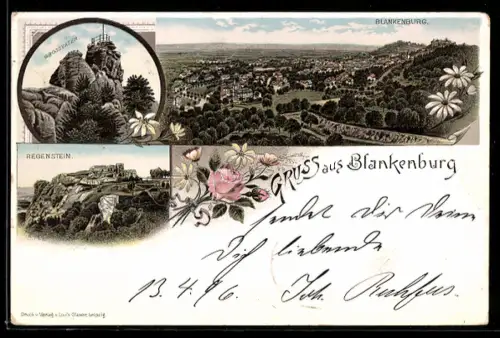 Lithographie Blankenburg, Ortsansicht aus der Vogelschau, Grossvater, Regenstein