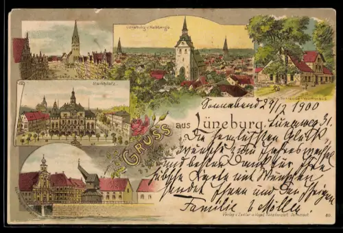 Lithographie Lüneburg, Rote Schleuse-Gasthaus, Marktplatz, Sand