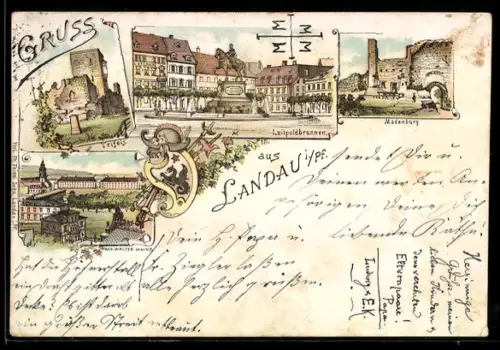 Vorläufer-Lithographie Landau, 1894, Madenburg, Trifels, Luitpoldbrunnen