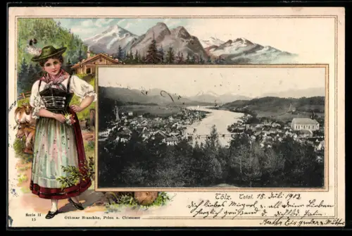 Passepartout-Lithographie Tölz, Totalansicht, Frau in Tracht