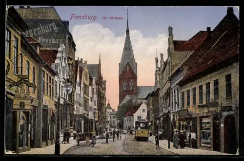 AK Flensburg, Strassenbahn und Geschäfte auf der Grossen Strasse