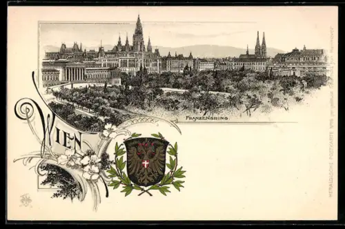 Lithographie Wien, Blick auf den Franzensring, Wappen