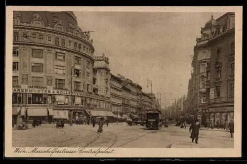 AK Wien VI, Mariahilferstrasse mit Zentralpalast und Strassenbahn