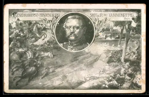 AK Porträt Paul von Hindenburgs in Uniform vor einer Schlachtszene