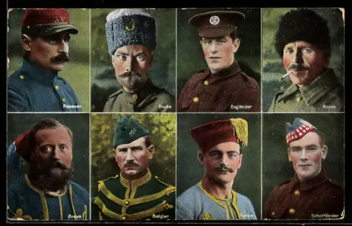 AK Kriegsgefangene verschiedener Nationen, Russe, Engländer, Zuave, Kosak