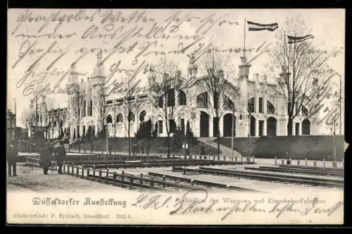 AK Düsseldorf, Gewerbe- und Industrie-Ausstellung 1902, Pavillon der Waggon- und Eisenbahn-Fabriken