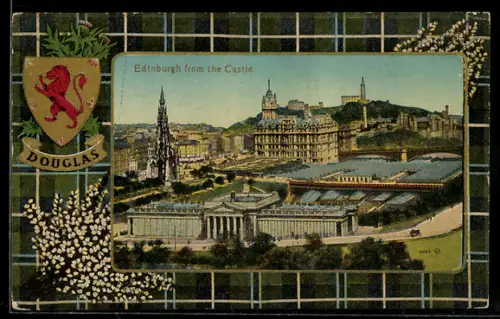 AK Edinburgh, Panorama from the Castle, Wappen von Douglas, Passepartout