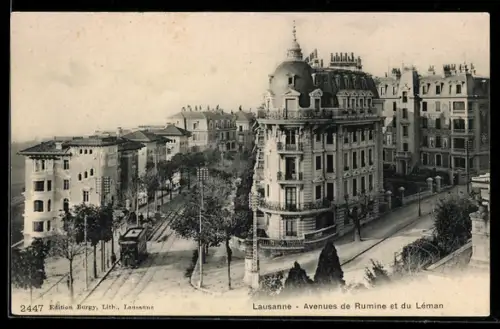 AK Lausanne, Avenues de Rumine et du Léman, Strassenbahn