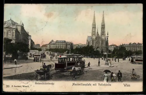 AK Wien, Maximilianplatz m. Votivkirche & Strassenbahn, Universitätsstrasse