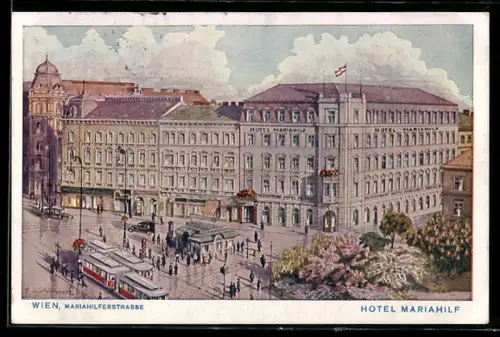 Künstler-AK Wien, Hotel Mariahilf, Marihilferstrasse 121, Strassenbahn