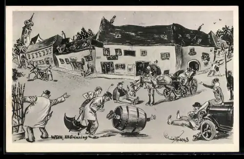 Künstler-AK Wien-Grinzing, Berger Toni's Weinhaus aus der Sicht eines Betrunkenen