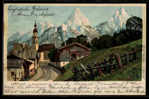 Künstler-AK Zeno Diemer: Lermoos, Ortsansicht mit Kirche und Sonnenspitze