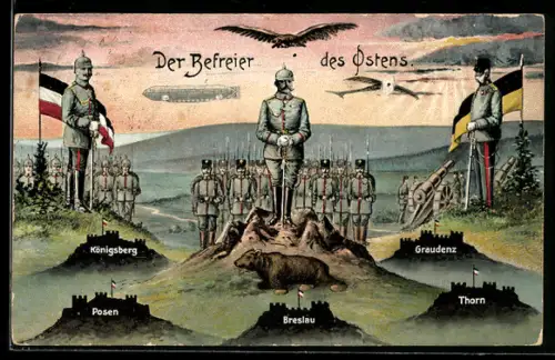 AK Königsberg, Der Befreier des Ostens, Kaiser Franz Josef I. von Österreich, Zeppelin und Schlossansichten