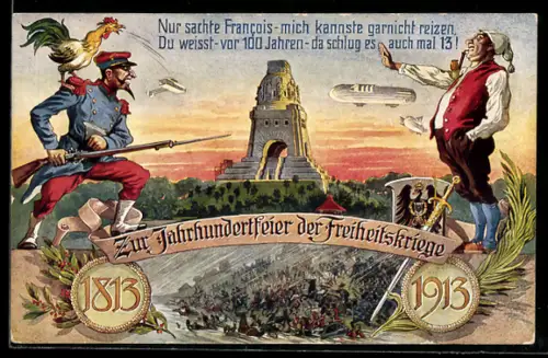 AK Deutscher Michel wehrt sich: Nur sachte Francois, mich kannste gar nicht reizen, Freiheitskriege, Zeppelin