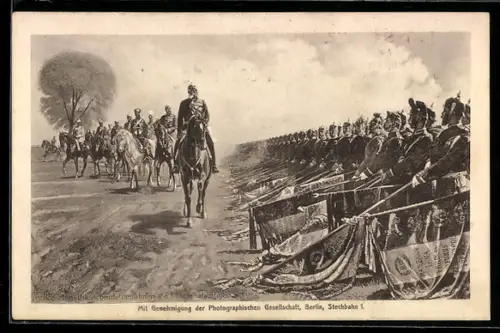 AK Kaiser Wilhelm I. reitet an den erbeuteten Fahnen vorbei, auf dem Tempelhofer Feld