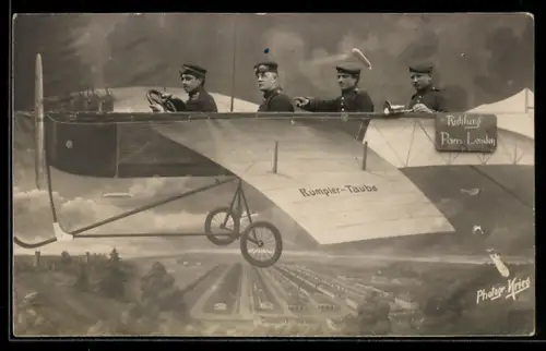 Foto-AK Soldaten mit dem Flugzeug auf dem Weg nach Paris und London, Studiokulisse