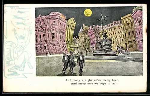 Wirtshaus-AK Polizist mit zwei Betrunkenen, Platz aus der Sicht eines Betrunkenen