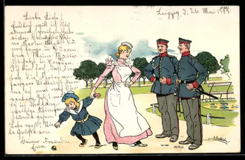 AK Dienstmädchen mit Kind an der Hand und zwei Soldaten in Uniform