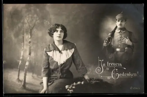 Foto-AK Dame denkt an ihren Soldaten