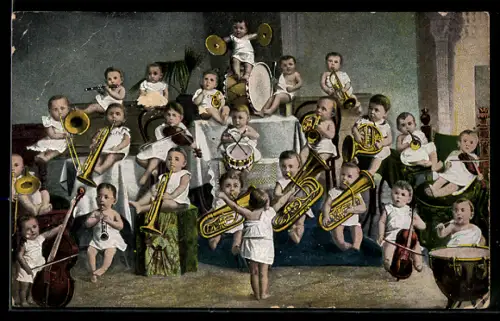 AK L`Orchestre, Säuglinge als Musiker eines Orchesters m. Posaune, Tuba, Trommel, Horn, Geige u. Kontrabass, Fotomontage