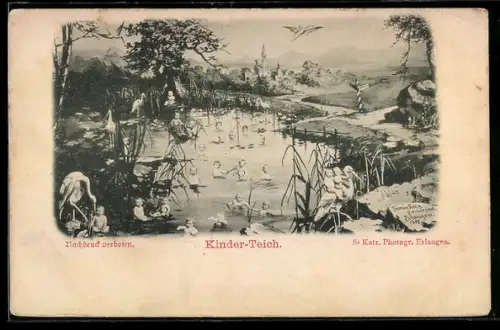 AK Kinder mit Störchen an einem Teich