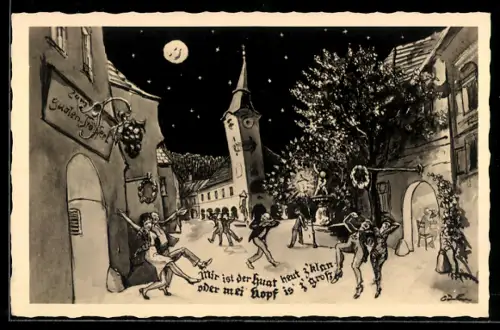 Wirtshaus-AK Strasse am Wirtshaus aus der Sicht eines Betrunkenen