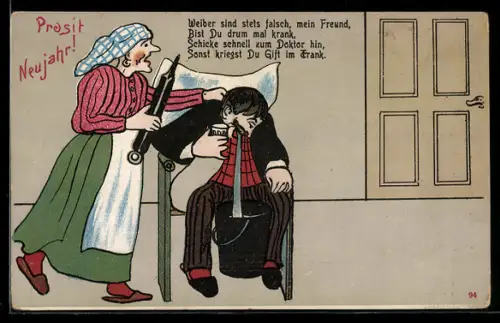 AK Kranker Mann wird von seiner Frau versorgt, frauenfeindlicher Humor
