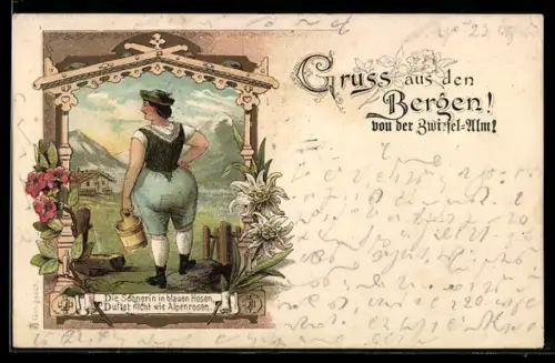 Lithographie Völklingen, Sennerin in blauen Hosen