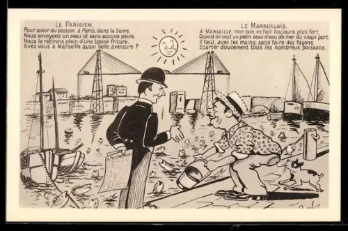 AK Marseille, Le Parisien - le Marseillais, Hafenbild, Mann fischt mit einem Eimer