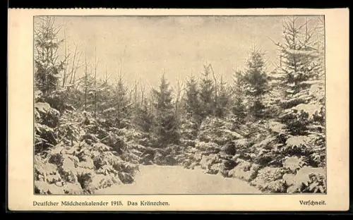 AK Deutscher Mädchenkalender 1915, Das Kränzchen, Tief verschneiter Tannenwald