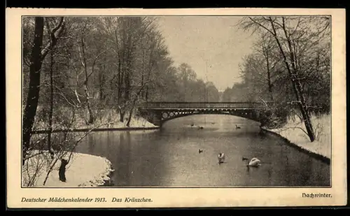 AK Deutscher Mädchenkalender 1915, Das Kränzchen, Verschneite Parklandschaft im Nachwinter