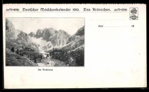 AK Deutscher Mädchenkalender 1910, Das Kränzchen, Szenerie im Hochgebirge