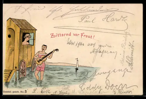 AK Herr im Badeanzug mit Gitarre und junge Frau im Badekarren