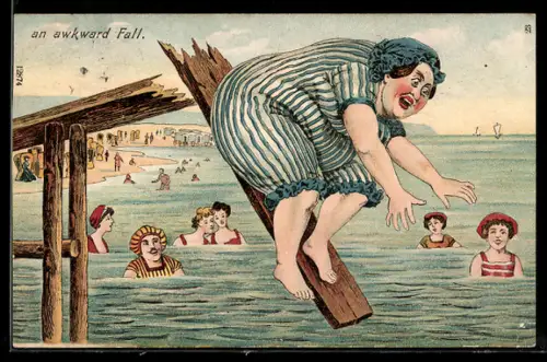 AK Übergewichtige Frau im Badeanzug bricht den Badesteg ab