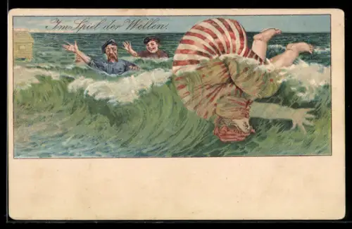 Lithographie Frau im Badeanzug als Spiel der Wellen