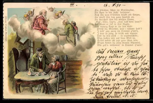 Lithographie Altes Paar sinniert über den Aufstieg ins Himmelreich