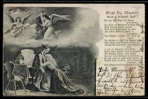 AK trauernde Frau bei ihrem Mann, Engel, Tod