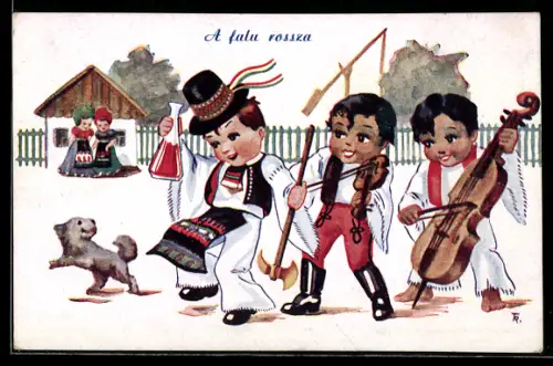 AK Kinder in Tracht mit Geige und Cello beim Tanz
