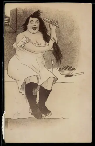 AK Füllige Dame kämmt sich die Haare, frauenfeindlicher Humor