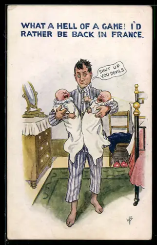 AK Mann im Schlafanzug kümmert sich um seine neugeborenen Zwillinge, Emanzipation