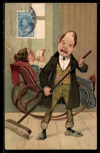 Präge-AK Ehemann schwingt den Besen, während die Frau im Schaukelstuhl liest, Emanzipation