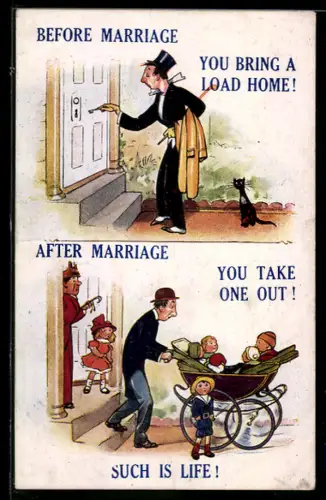 AK Leben des Mann vor und nach der Heirat, betrunken nach Hause u. später mit Kindern zum Spazieren, Emanzipation