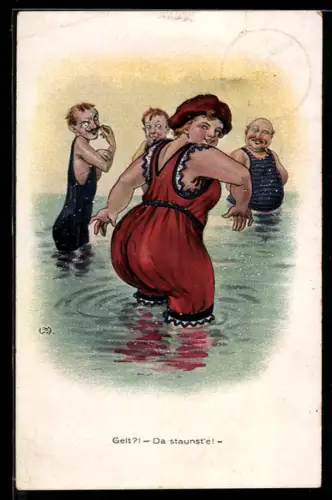 AK Badende Männer betrachten die Dame im Badeanzug