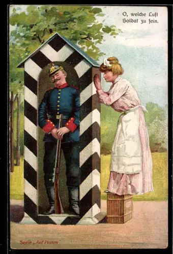 Präge-AK Dienstmädchen betrachtet den schlafenden Soldaten auf seinem Wachposten