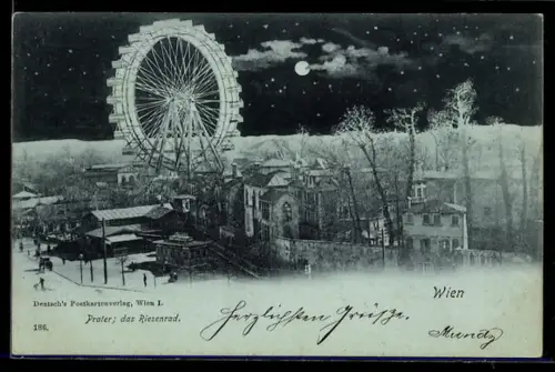 Mondschein-AK Wien, Wiener Prater, Riesenrad im Vollmondlicht