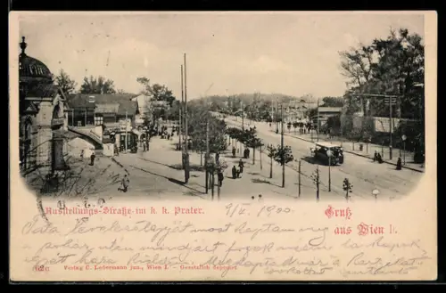 AK Wien, Wiener Prater, Ausstellungs-Strasse mit Strassenbahn