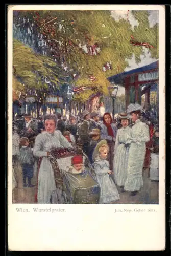 Künstler-AK Joh. Nep. Geller, Wiener Prater, Frau mit Kinderwagen