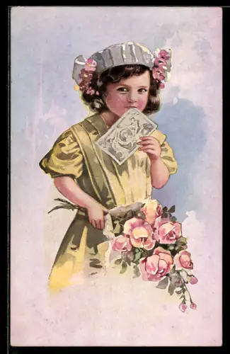 AK Mädchen im Kleid mit einem Geldschein im Mund
