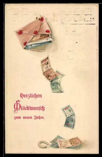 Präge-AK Geldscheine im Briefumschlag, Neujahrsgruss
