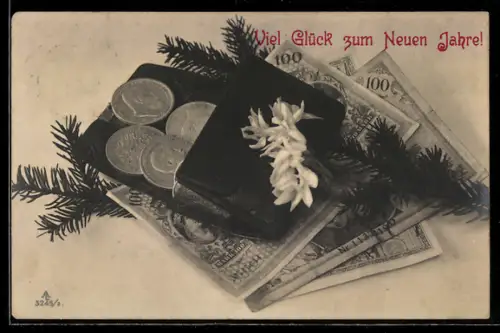 AK Geldscheine und Münzen in einer Brieftasche